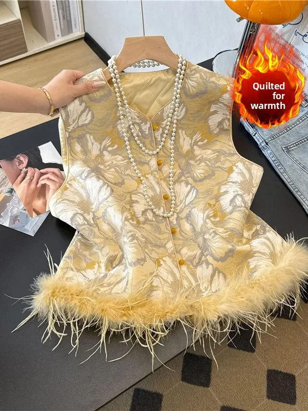 

New Chinese Sle Ostrich Feather Patchwork Embroidery Cotton Warm Vest Single Button Svel National Sle Top Winter