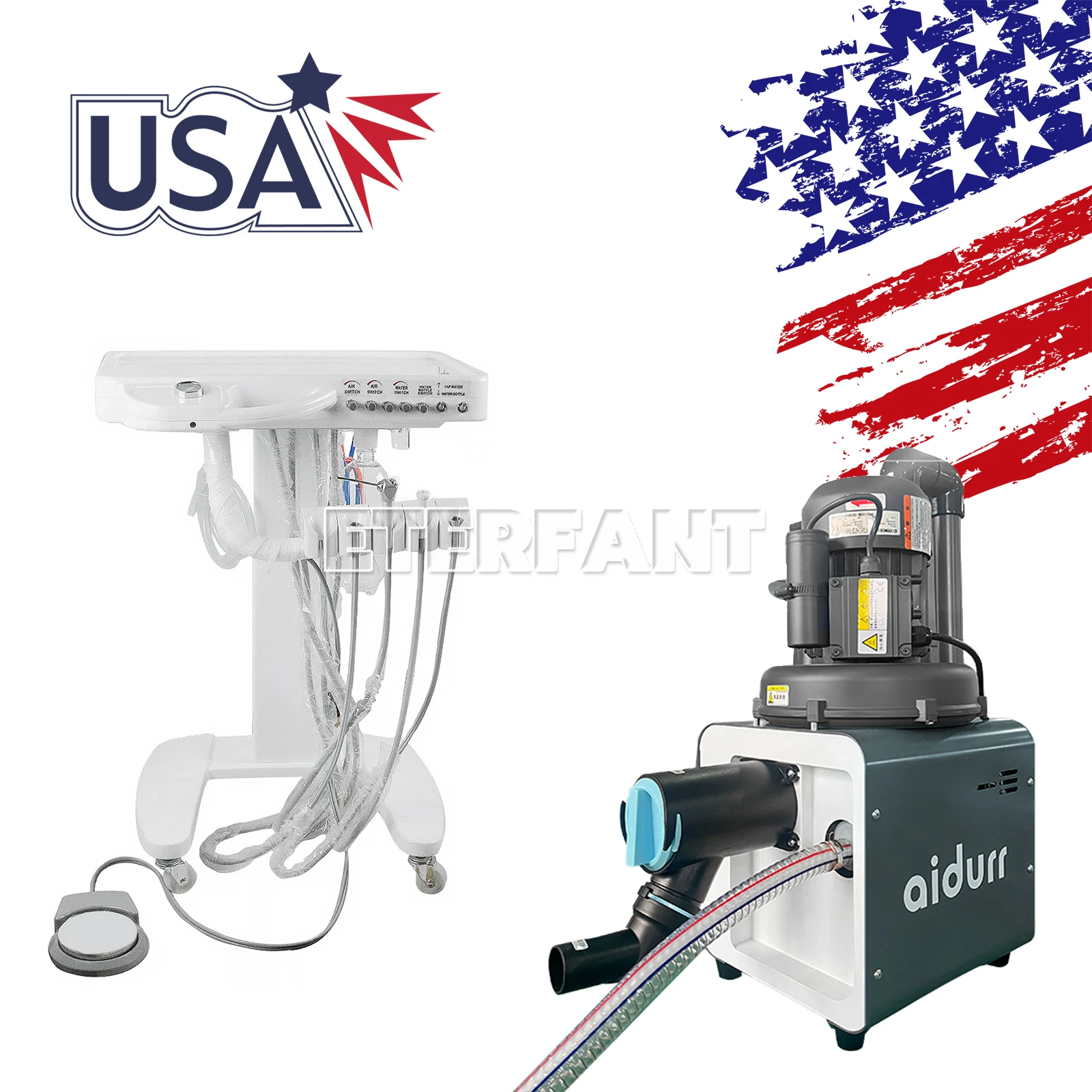 

ETERFANT Стоматологическая электрическая аспирационная машина Система вакуумного насоса DE101 / Система блока доставки Тележка для обработки Рабочий компрессор 4 отверстия