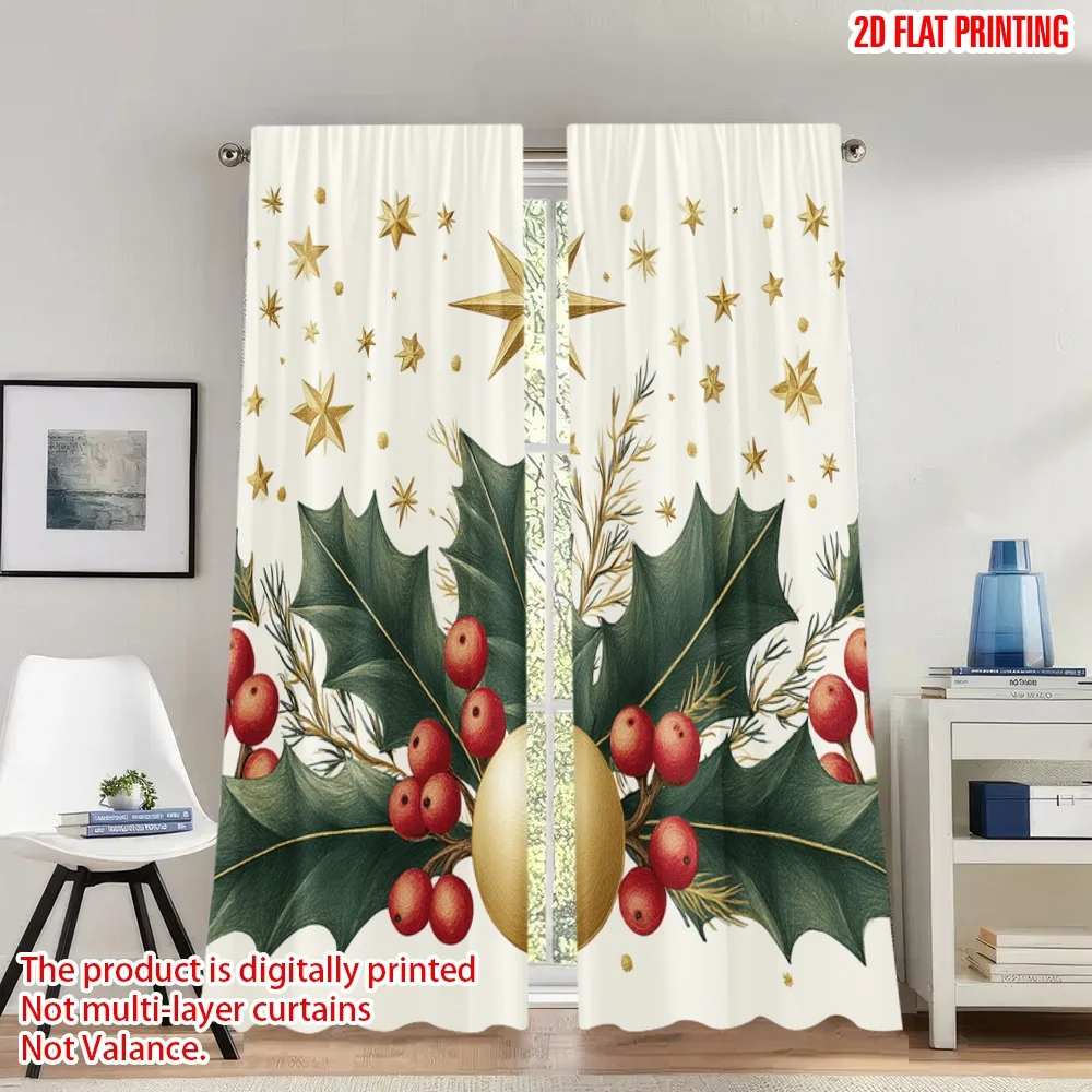 

2pcs 2D flat printing Merry Christmas Curtains Christmas Holly Gold Stars Digital Printed Polyester Drapes Spring Use for Photo
