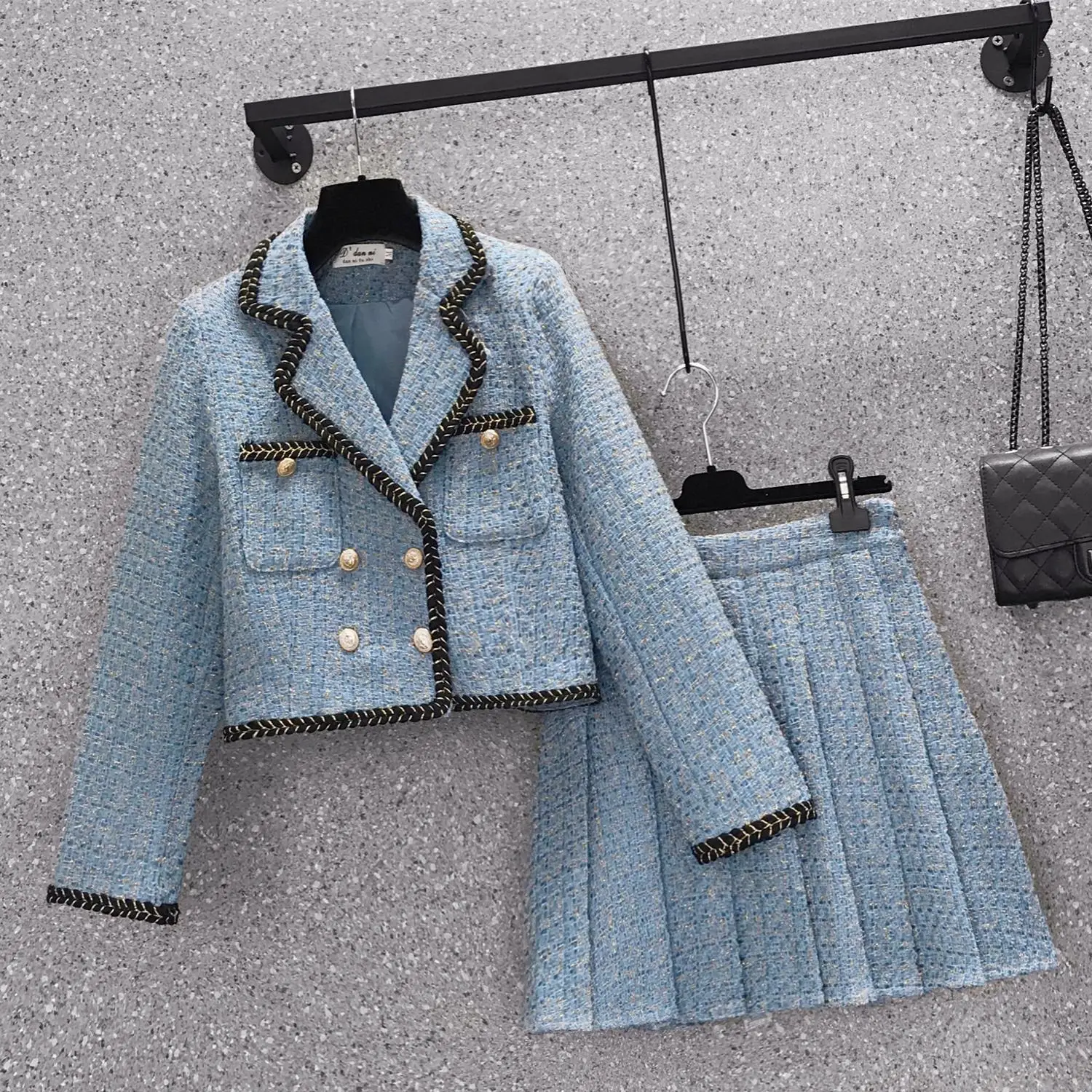 Women Fashion Elegant Tweed Jacquard Suit Blazer Jackert Coat Top And Skirt Two Piece Set Outfit 2022 Winter New Korea Clothes