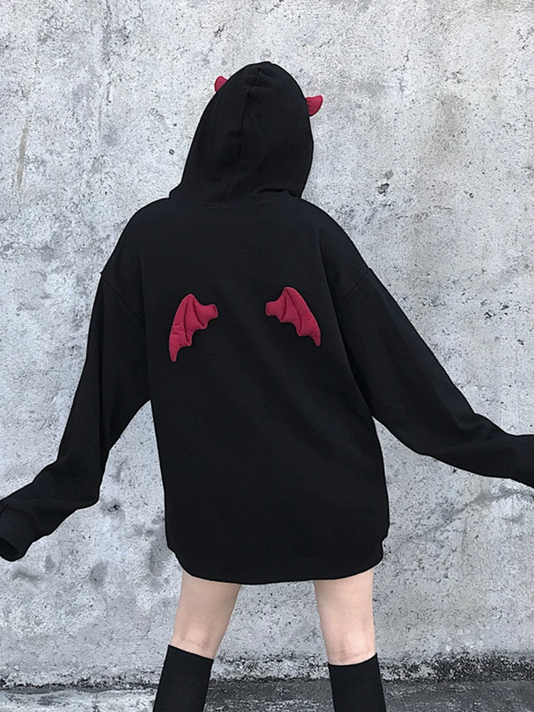 Harajuku Hoodies Girl Little Devil Horns Gothic Hooded Sweatshirts Women Demon Fly Wings Loose Pullovers Pocket Tops Streetwear