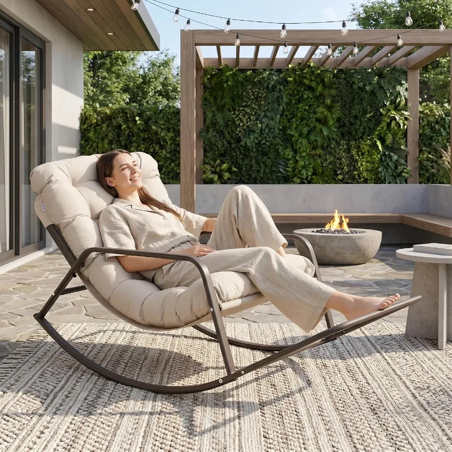 Outdoor Papasan Rocking Chair for Adults with Footrest, Oversized Patio Rocker with Cushion, Heavy Duty Steel Frame, Large Comf