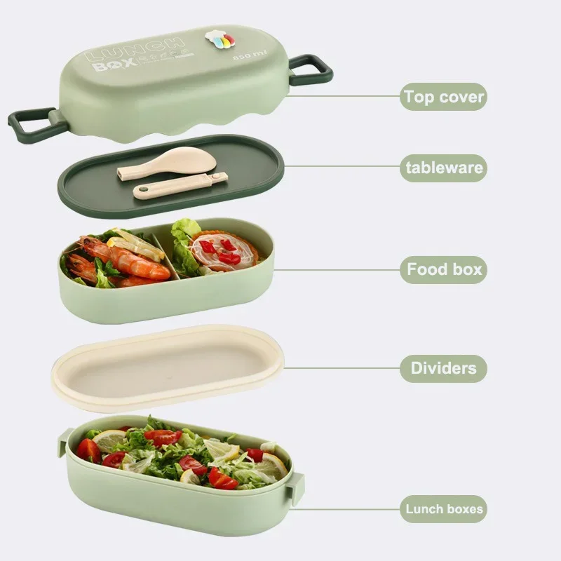 850ML Lunch Box Double-layer Plastic Compartment Lunch Box with Spoon Buckle Leak-proof Food Storage Container Sealed Picnic Box view 5