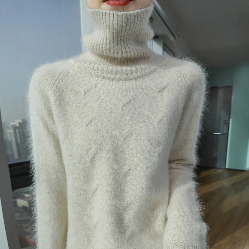 100% mink cashmere sweater Autumn-winter new women's turtleneck pullover Fashion printed knit warm base shirt top