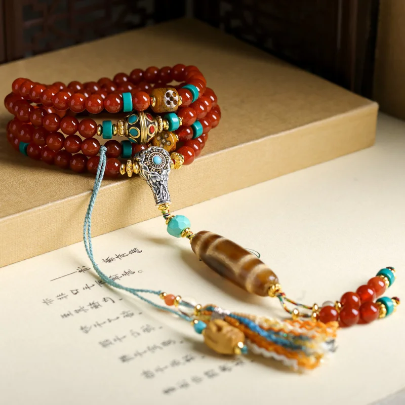 South Red Agate Multi-loop Bracelet with Yellow Two-Eyed Dzi Beads and Nepalese Accessories for Women