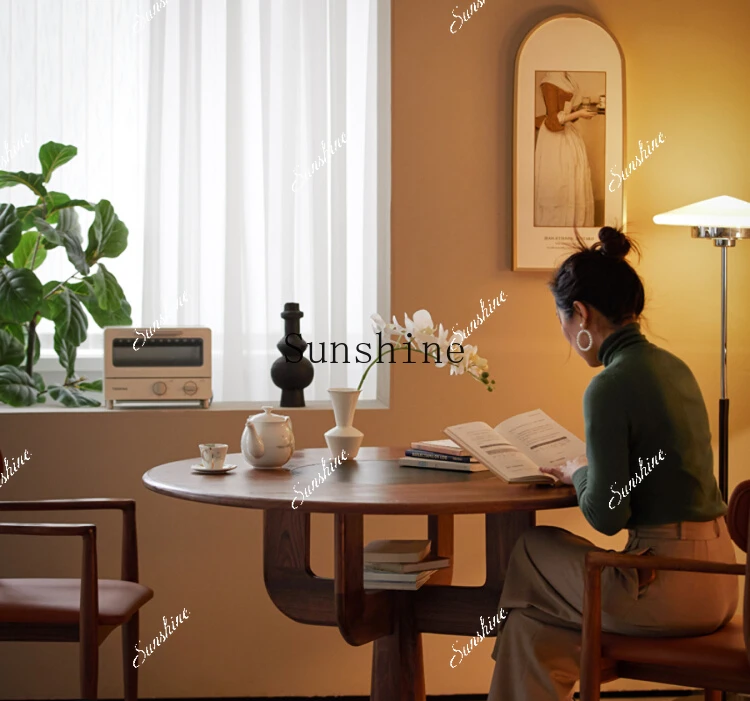 

Solid wood household round dining table small apartment slate black walnut Nordic retro new Chinese style FT