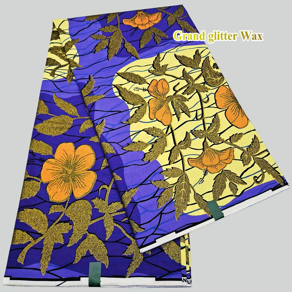 Modischer, hochwertiger niederländischer Wachsdruckstoff, goldener Glitzer-Wachsdruckstoff, 6 Yards pro Stück – Detail 1