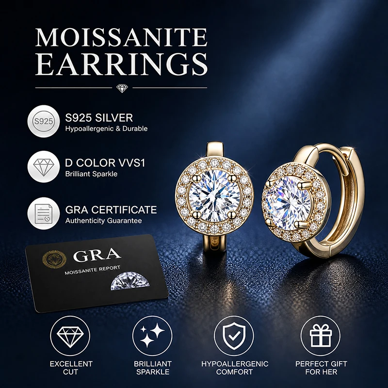 S925 Silber Moissanit Ohrstecker mit GRA-Zertifikat Stilvolle Runde Ohrhaken Ideal als Geschenk für Jahrestage oder Hochzeiten – Detail 3