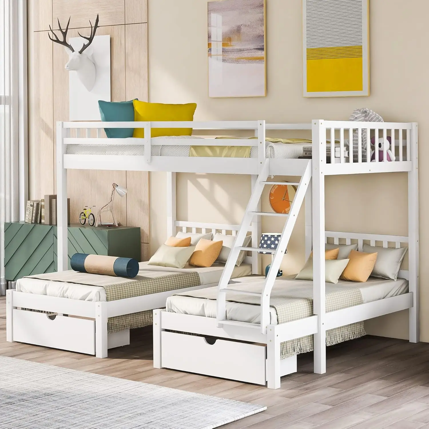 

Harper & Bright Designs Wood Triple Bunk Bed Full Over Twin&Twin Bunk Beds for 3, Wooden Triple Beds Frame with Drawers