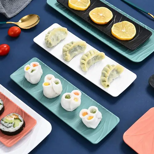 직사각형 일본식 스시 접시, 바베큐 접시, 곡선 가장자리 디자인, 나무 질감, 디저트 케이크 트레이, 음식 트레이, 스낵 주방 접시 