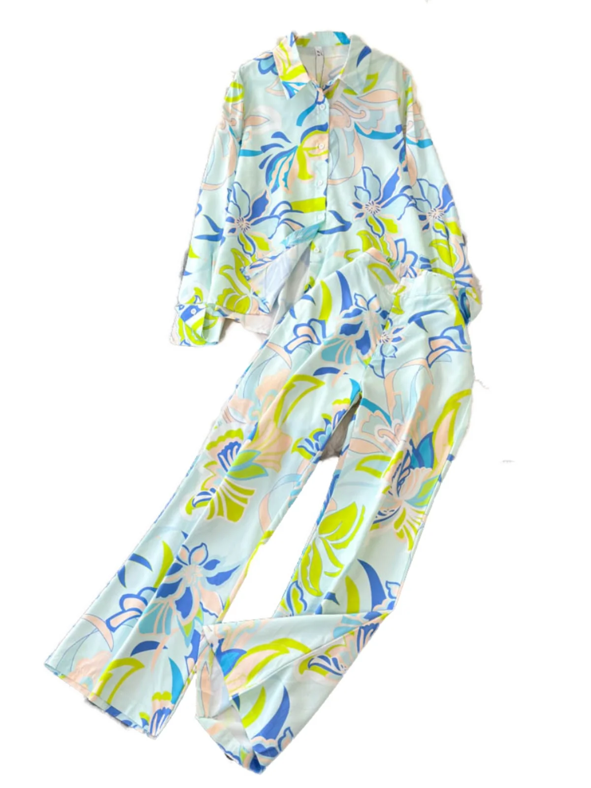 

Faionable Long Sve Printed irt And High Waist Wide Leg Pants Two Piece Set for Young Women Spring Season Casual Wear