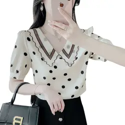 2023 New Summer Fashion Trend Doll Neck Polka Dot Age Reducing Top Commuting Simple Casual Loose Versatile Women's Shirt