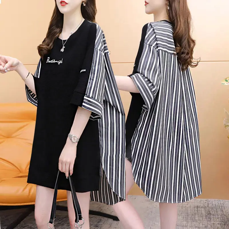 Fashion Printed Spliced Striped Asymmetrical T-Shirts Female Clothing 2024 Spring New Oversized Korean Tops Casual Tee Shirt