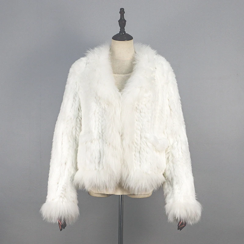 New Women's Real Rabbit Hair Knitted Coat Fashion Fox Hair Collar Knitted Cloak Thickened Warm Short Jacket Luxury Fur Tops