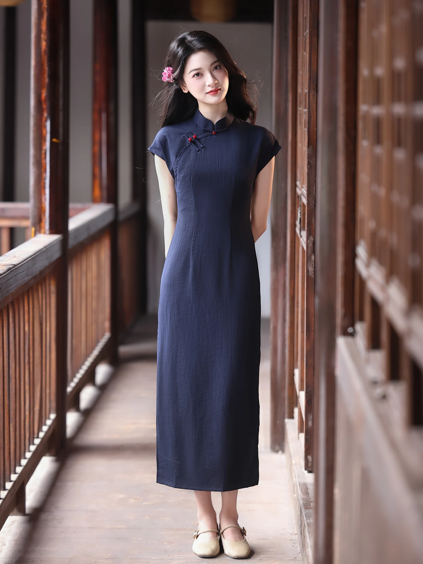 

Improved Cotton Linen ort Sve Women's Dr Qing Blue Color Retro Sle Daily Wear Artistic Temperament