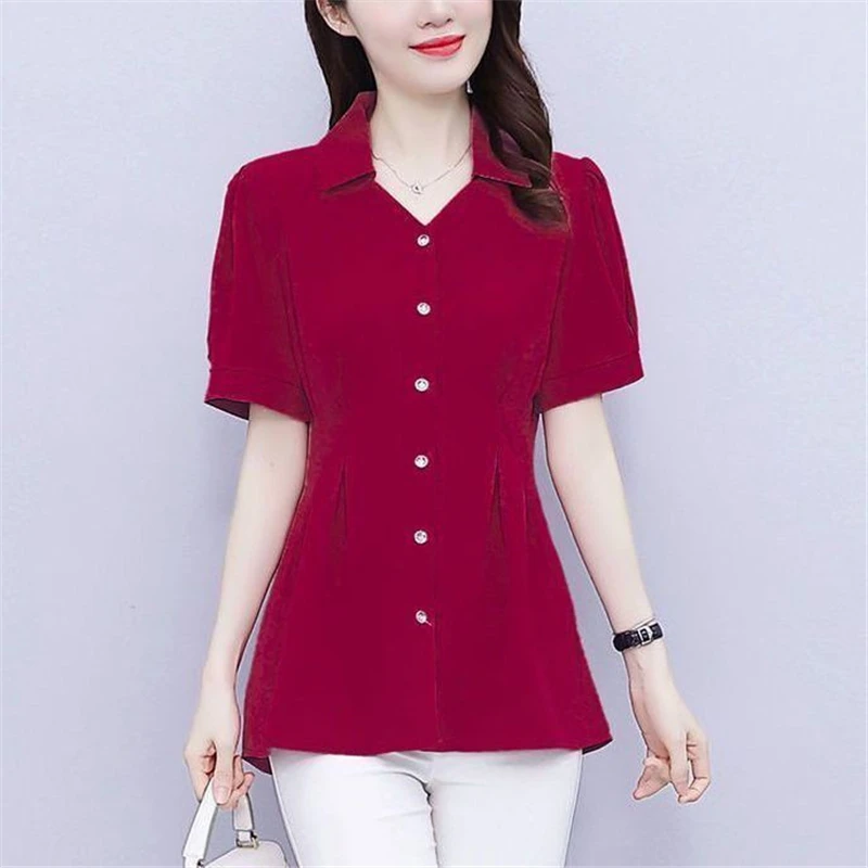 Women Ruffled Elegant Tunic Tops Summer Fashion Office Lady Business Casual Button Shirts Solid Slim Short Sleeve Blouses Ropa