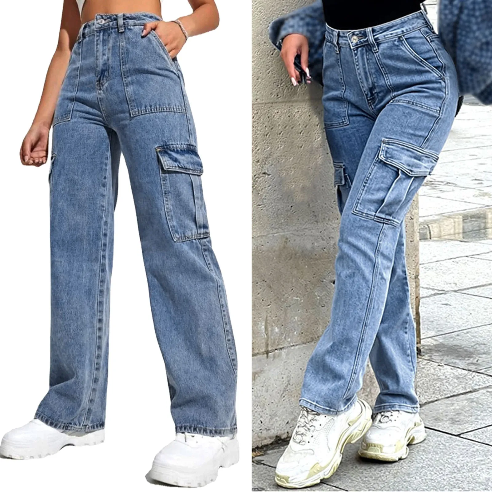 

Fashion Street Wear Women Jeans Casual High Waist Street Straight Loose Cargo Denim Blue Wide Leg Preppy Denim Pants Trouser