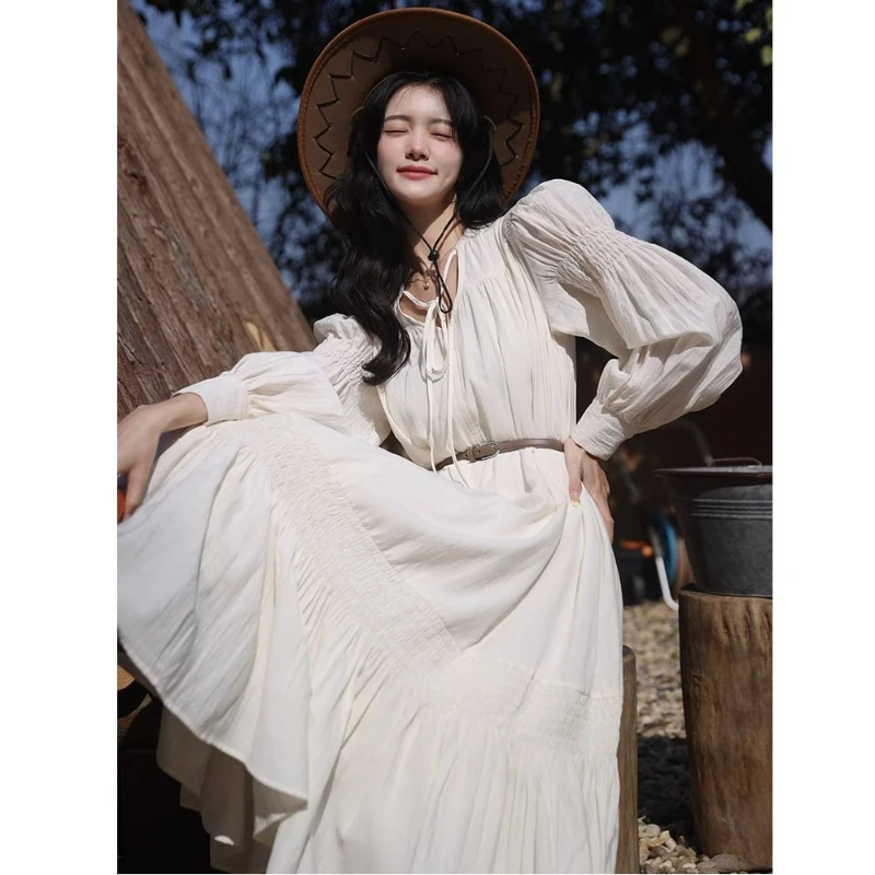 

2025 Design Sense Spring and Autumn New Long Temperament White Dress Lace-up V-neck Long Sleeve Babydoll Dress
