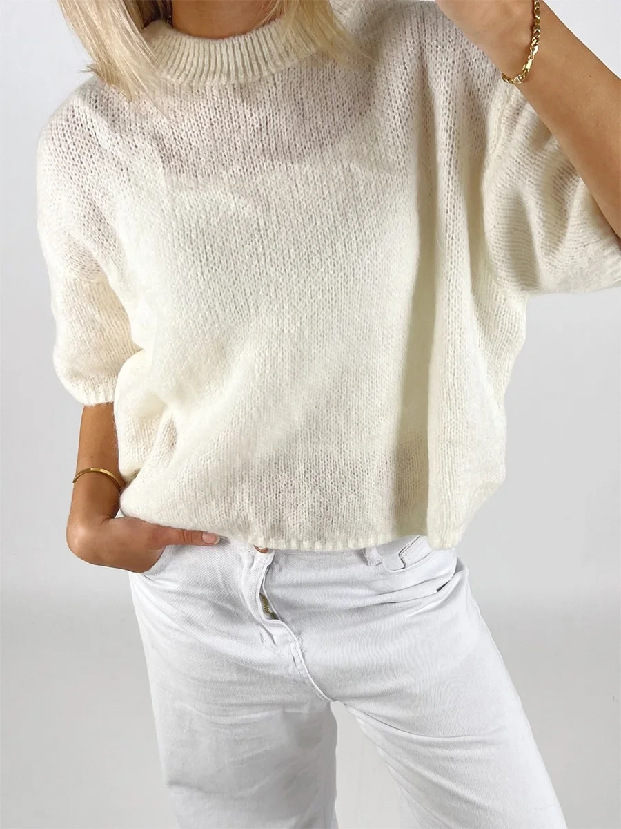 Sweater rajut wanita lengan setengah, Sweater rajut kasual leher O warna Solid Musim Semi dan Gugur