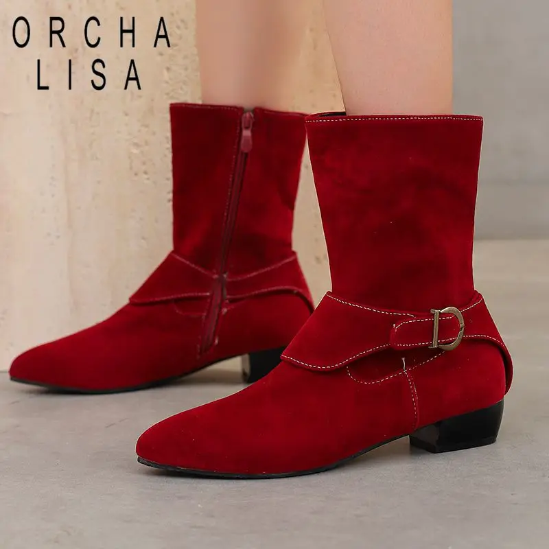

ORCHA LISA Flock Suede Women's Mid Calf Boots Pointed Toe 3cm Thick Heels Zipper Belt Buckles Large Size 46-48 Green Fall Bota
