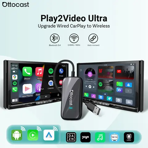 OTTOCAST Play2Video Ultra Wireless CarPlay AI BoxVideo Streaming forCar YouTube Netflix IPTV Plug&Play for Factory Wired CarPlay