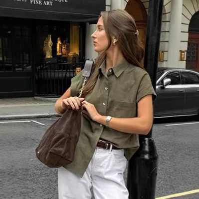 

Spring And Summer Casual Loose Lapel Short-sleeved Shirt With Fashionable Green Medium And Long Top Women's Clothing