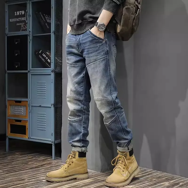 

Street Fashion Men Jeans Retro Washed Blue Stretch Slim Fit Spliced Designer Biker Jeans Men High Quality Hip Hop Denim Pants