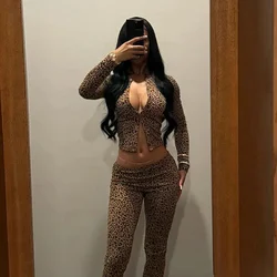 2 Piece Set Leopard Print Woman Button-Down Mini Long-Sleeved Top+Cropped Trousers Sexy Comfortable Wild Midnight Suit Clothes