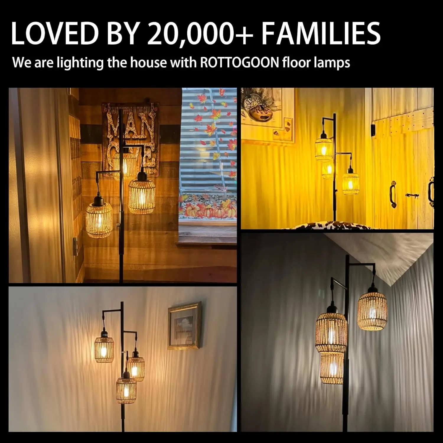 Luminária de Chão de Rattan Regulável com 3 Lâmpadas LED - Estilo Fazenda para Sala de Estar, Quarto, Escritório, 68 polegadas, Preta