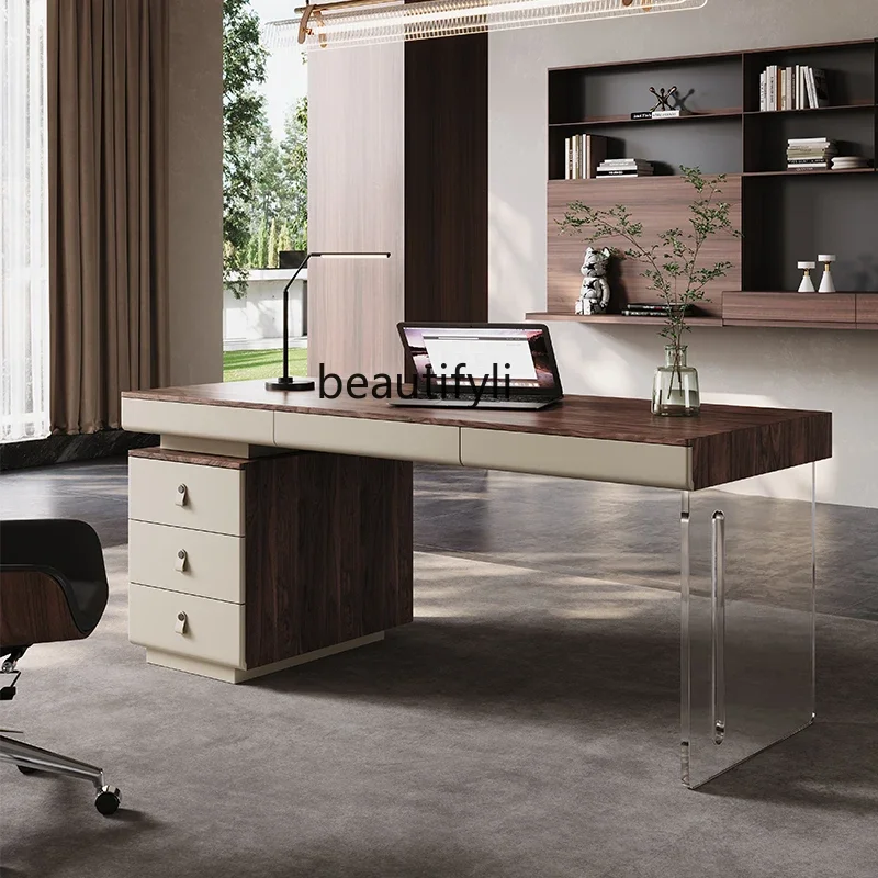 

Minimalist walnut color desk Italian light luxury with sub-cabinet computer desk retro multi-drawer desk