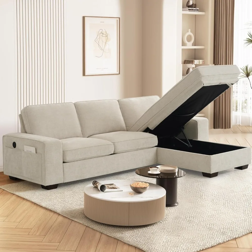 Sofa, 99-inch, Convertible Combo with Reversible Storage Chaise Lounge, Removable Cushion Cover, USB Type-c Port, L-Shaped Sofa