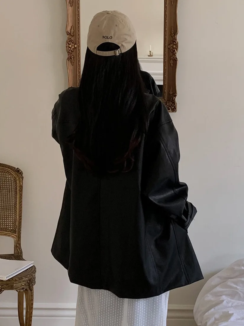 Chic Herbst Neue Retro Britischen Stil Einzigen Taste Lose Beiläufige PU Leder Jaet Lange Sve Anzug Oberbekleidung Frauen