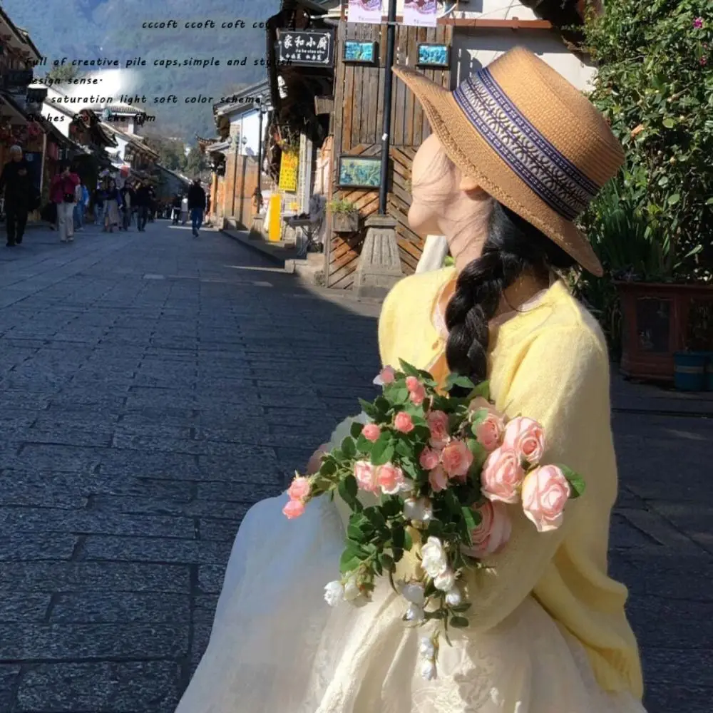 

Simple UV Protection Weave Straw Hat Ethnic Style Bohemian Sun Protection Cap Foldable Sun Hat Outdoor Visor Cap Summer