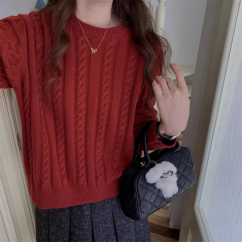 Damen Herbst Winter Strickpullover Anti-Pilling Long Sve Round Ne Regular Fit Big Wolf Design Bequemer weicher Stoff