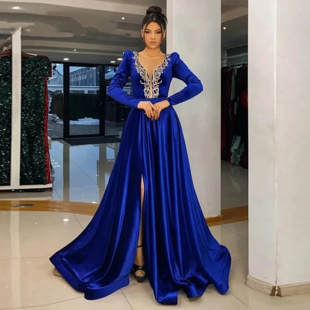 Modern Royal Ball Dress Transparent Stickers Sexy V-neck Long Sleeve Formal Party A-line Evening Dress Customization