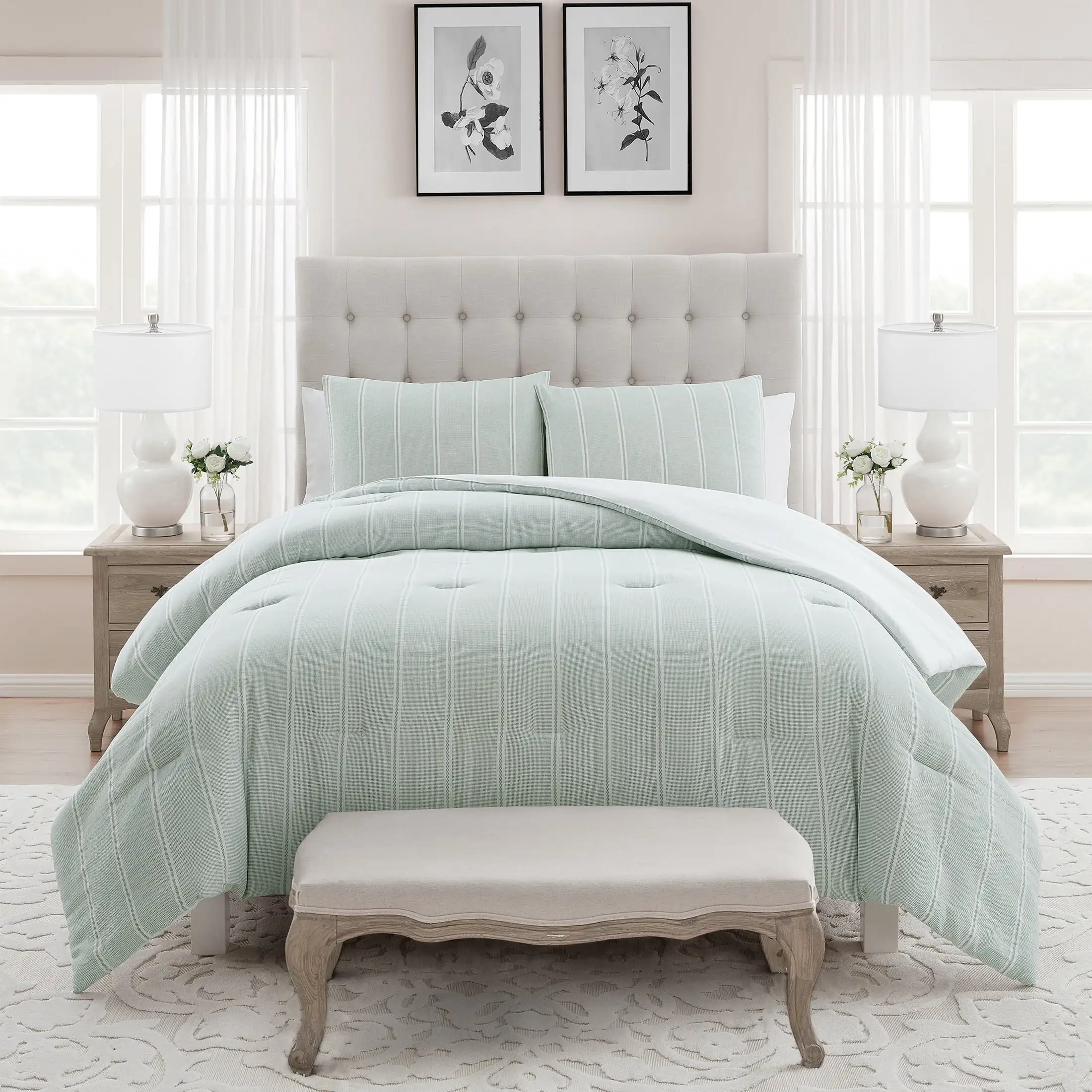 

Miray 3-Piece Green Stripe Cotton Jacquard Comforter Set, King