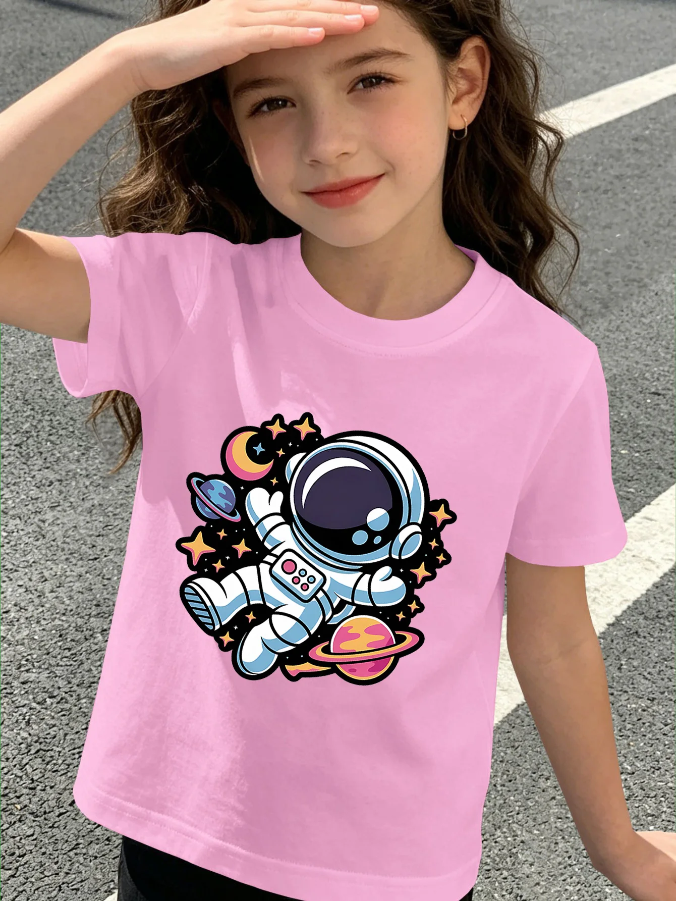 Cute Astronaut Planet Cartoon Print Boys Girls Short Sleeve Tee Parent Match Soft Cotton Kids Space Trendy Casual T Shirts