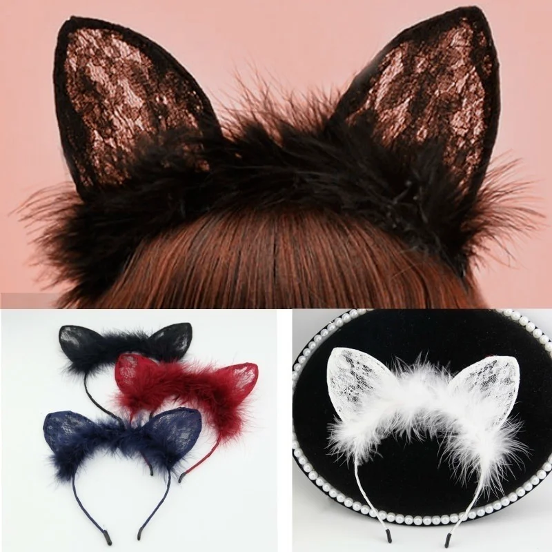 1Pc Cat Ears Feathers Lace Fox Ears Headbands Women Cute Costume Kids Hairbands Dance Party Headwear Hair Accessories