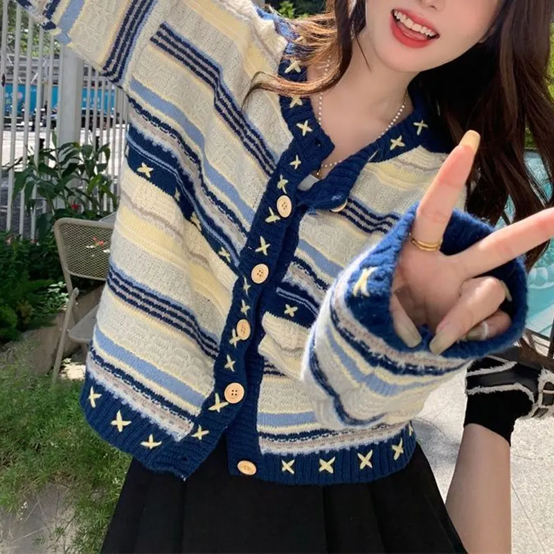 Vintage Color Striped Knitted Loose Cardigan Stylish Female Clothing Folk O-Neck Autumn Winter Sweet Single-breasted Sweaters