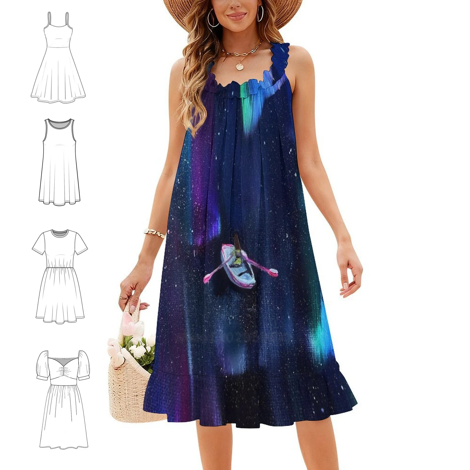 Boat Ride Floral Smock Dress For Women Spring Summer Casual Dress For Party Boat Galaxy Space Womens Dresses