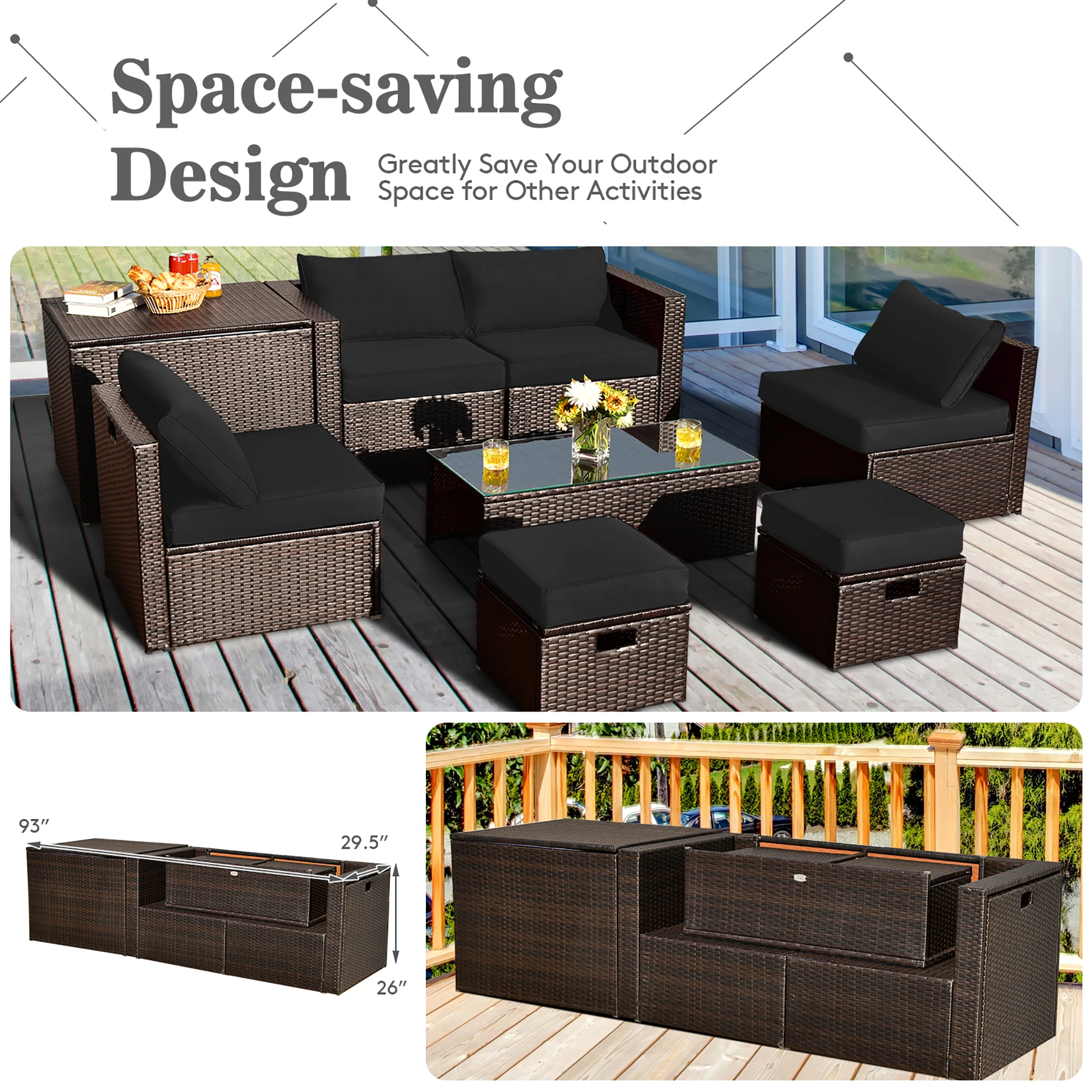 8PCS Patio Rattan Furniture Set Space-Saving Storage Cushion Black cover