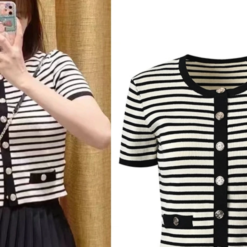 

Color-blocked Striped Knitted Cardigan Single-breasted Round Neck Top 2025 Spring and Summer New Short-sleeved T-shirt for Women