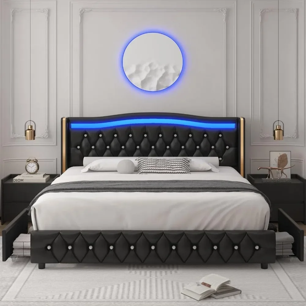 Estrutura de cama de plataforma inteligente LED Queen com 4 gavetas de armazenamento, botão de cristal tufado, sem necessidade de molas/fácil montagem, molduras de cama