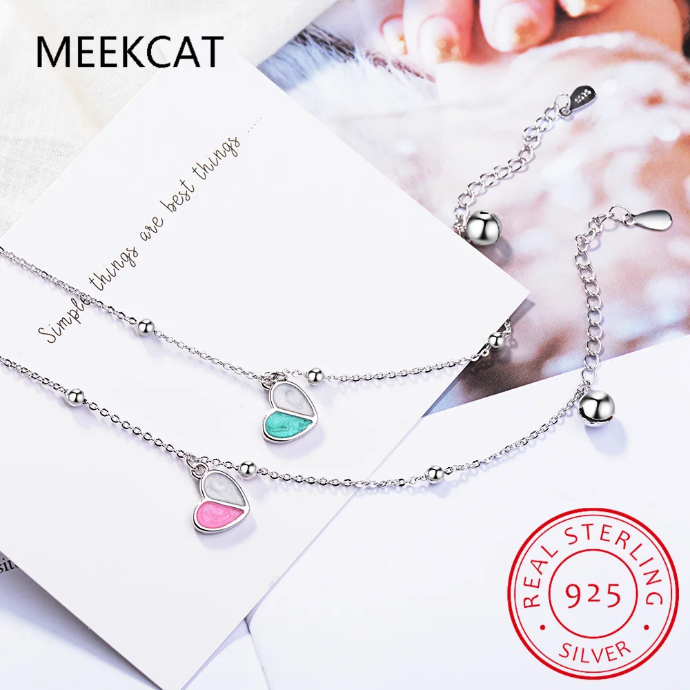 Girl 925 Sterling Silver White/Pink Glaze Love Heart Bracelet Beads Chain Pulseiras  for Women Girl Birthday Gift Jewelry DS4183