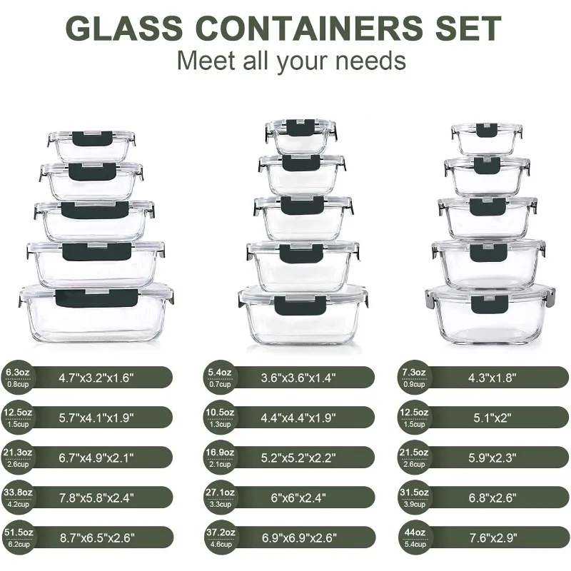 30 Pieces Glass Food Storage Containers Set, Glass Meal Prep Containers Set with Snap Locking Lids