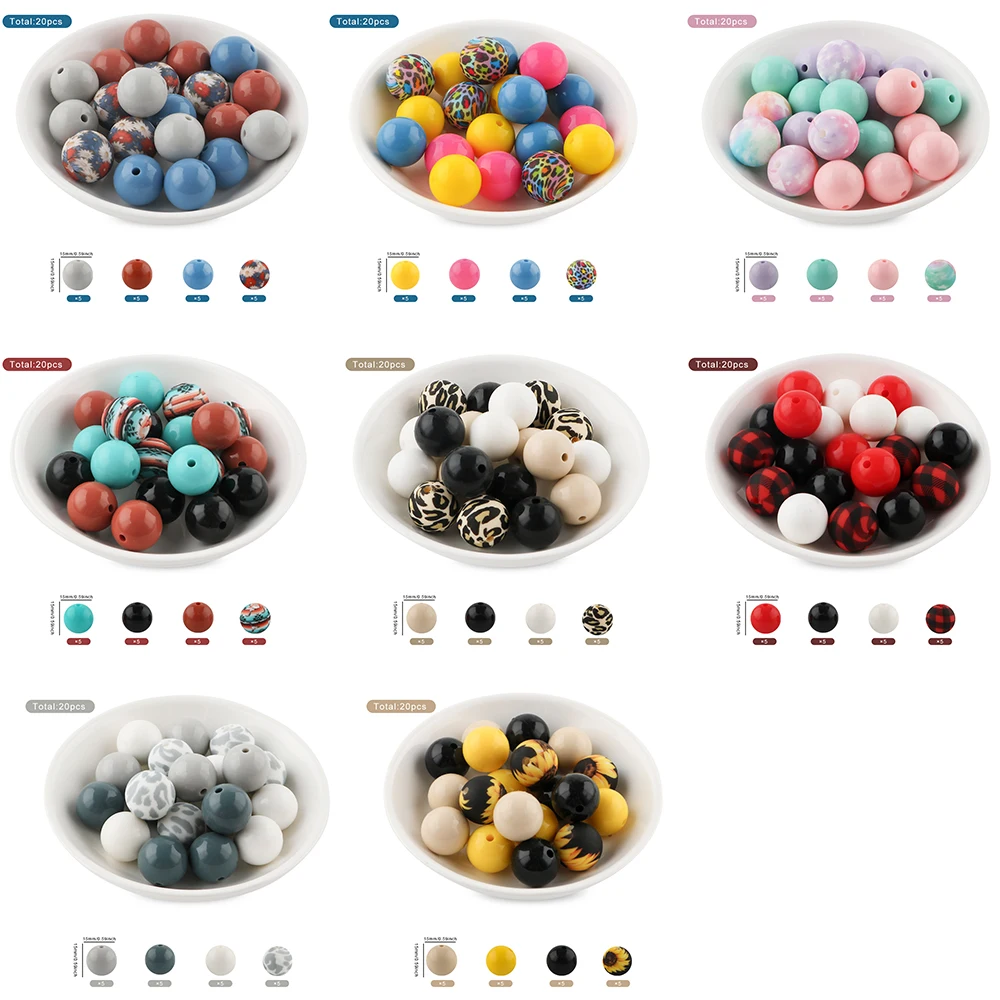 

20pcs Opal Silicone Beads Round Silicone Printed beads For Jewelry Making DIY KeyChain Pen Bracelet Necklace Accessories