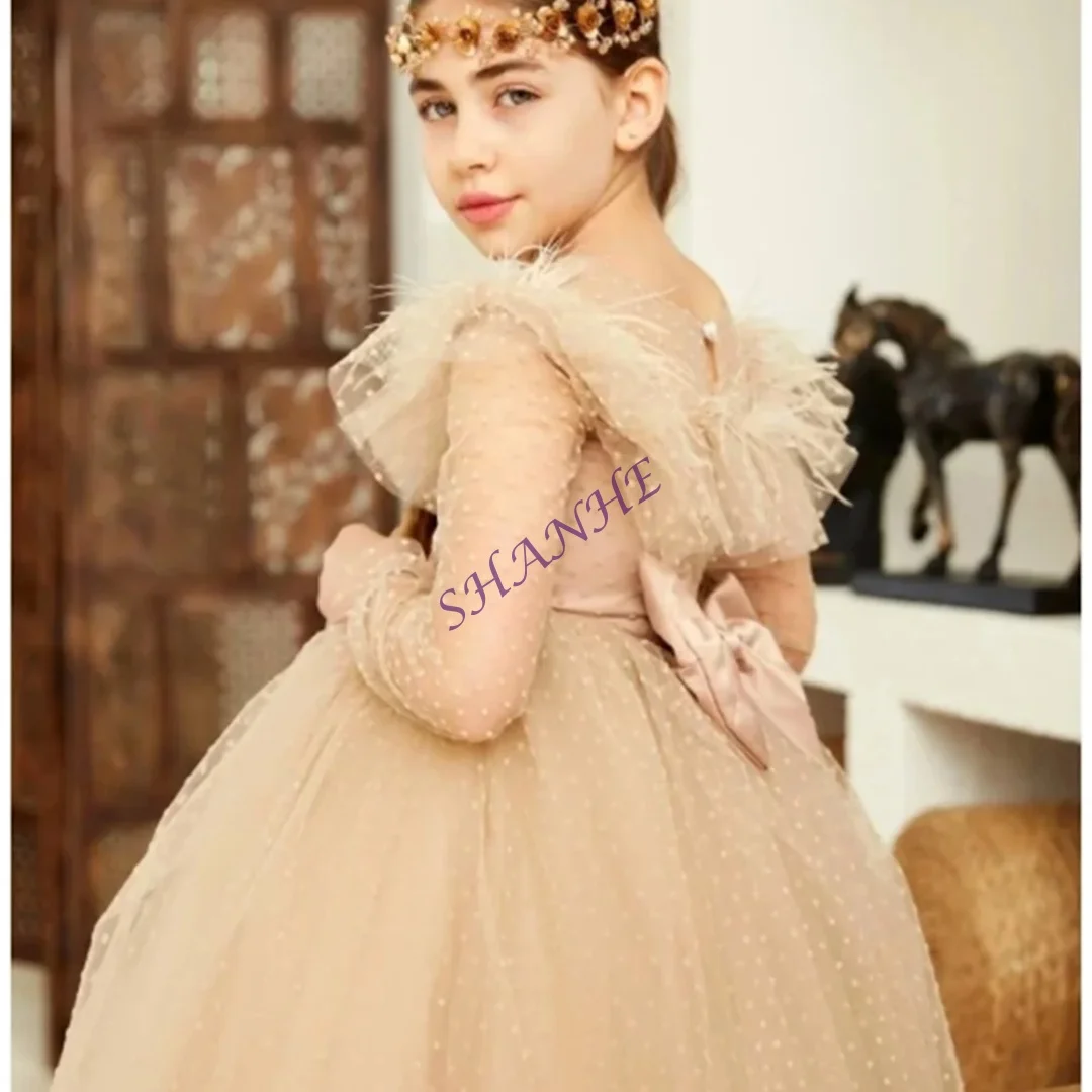 ريشة قبالة الكتف حمالة كم طويل ألف خط الطية زهرة فتاة فستان الكاحل طول فستان التواصل الأول مخصص #1