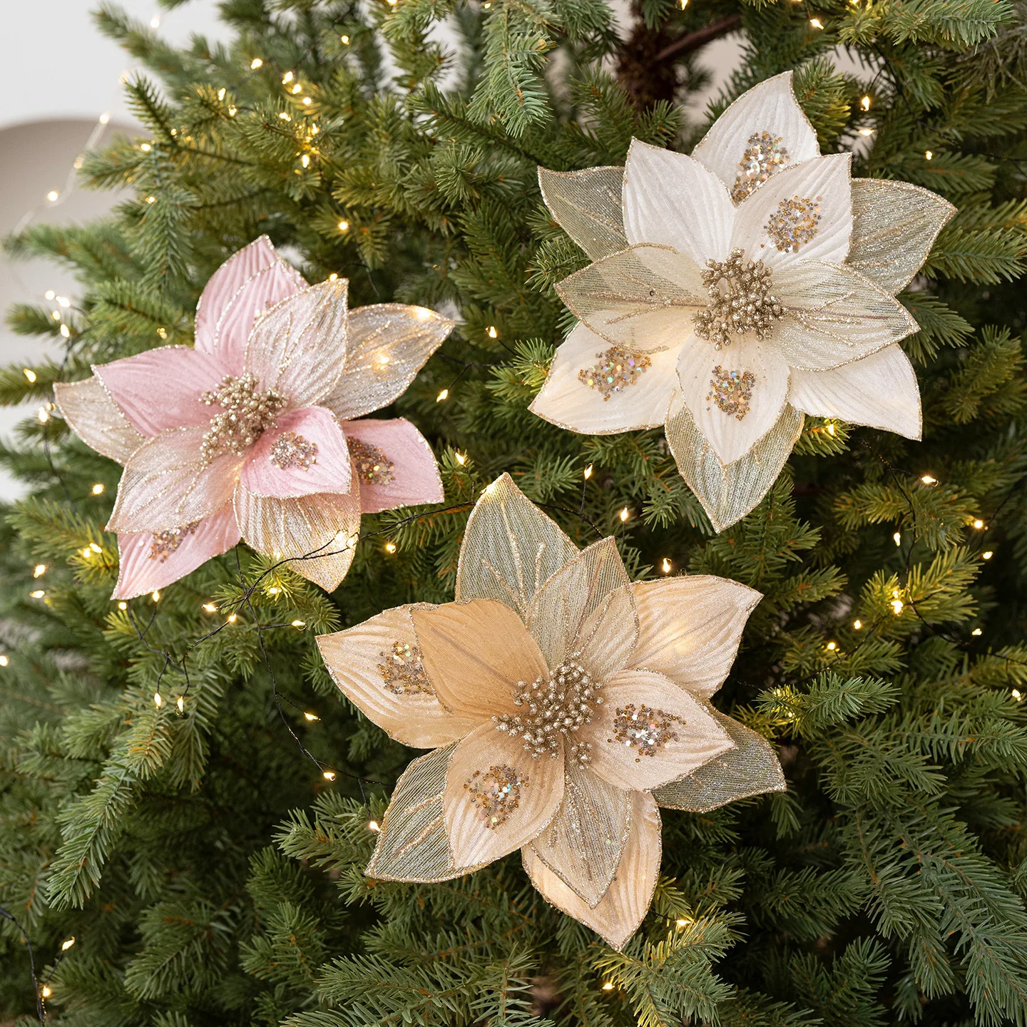 

2pcs 25cm Glitter Artifical Christmas Flowers Mreey Christmas Tree Decoration Happy New Year Ornaments Xmas Fake Flowers natal