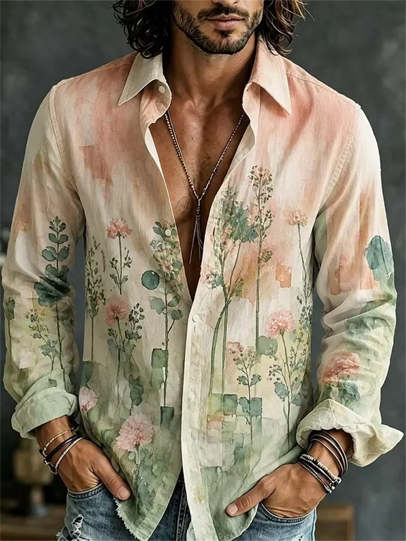 Men's New Chinese Style Casual Shirt, Rice White Ink Wash Flower Ramie Long Sleeved Shirt