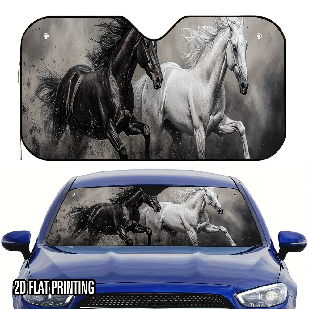 Parasol para coche con diseño de caballos galopantes en 2D, plegable y que ahorra espacio, fibra de poliéster, fácil instalación con 4 ventosas, 1 ud.